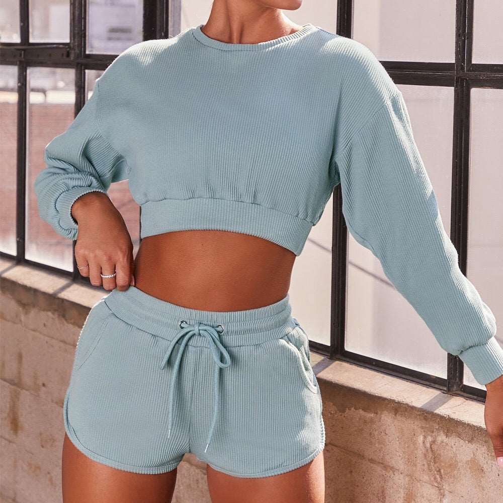 2038 - Long Sleeve Ladies Crop Short Set