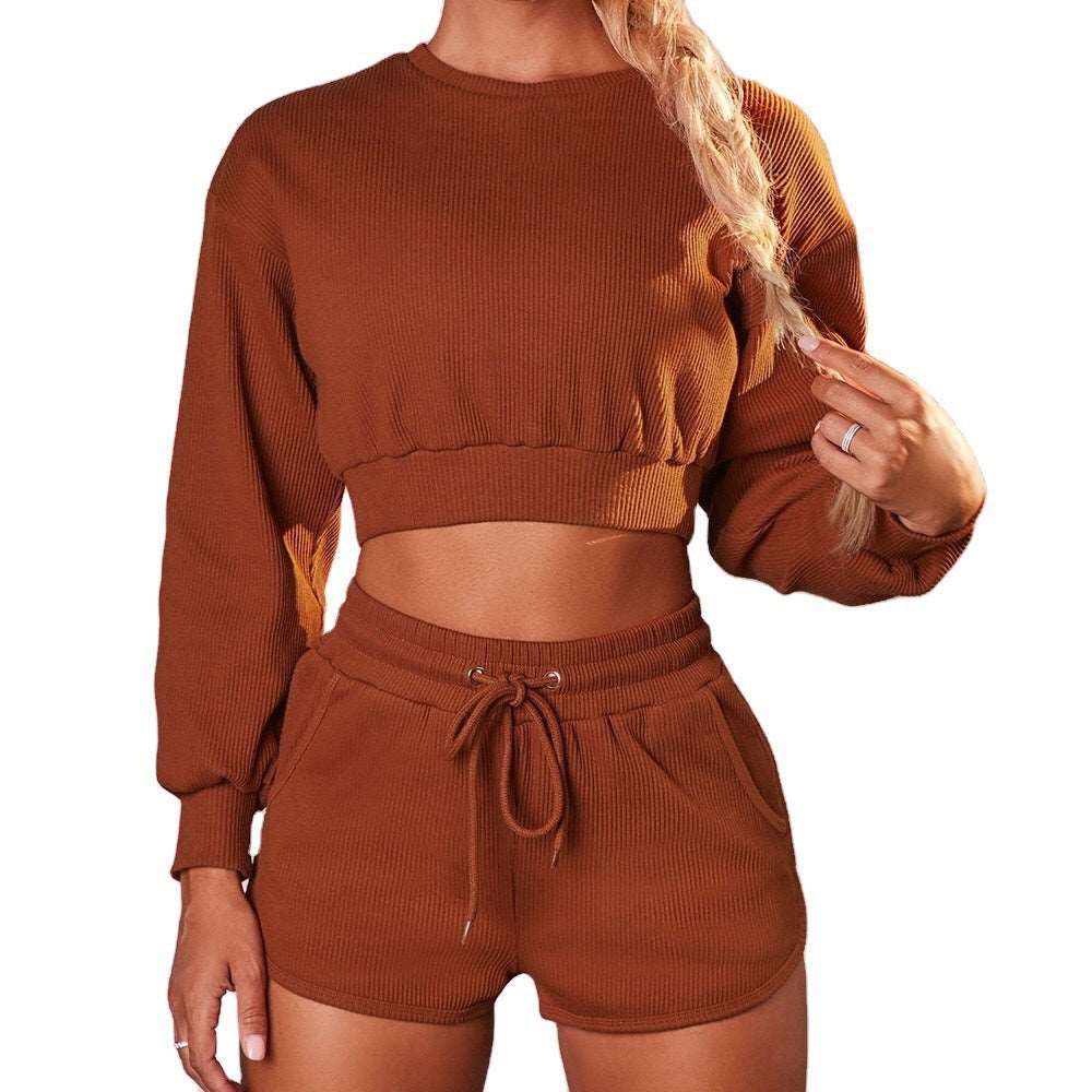 2038 - Long Sleeve Ladies Crop Short Set