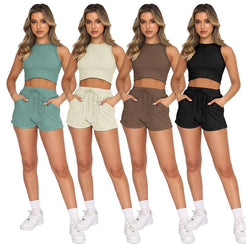 Crewneck Crop Tank with Drawstring Pocket Shorts Lounge Set | 2021833